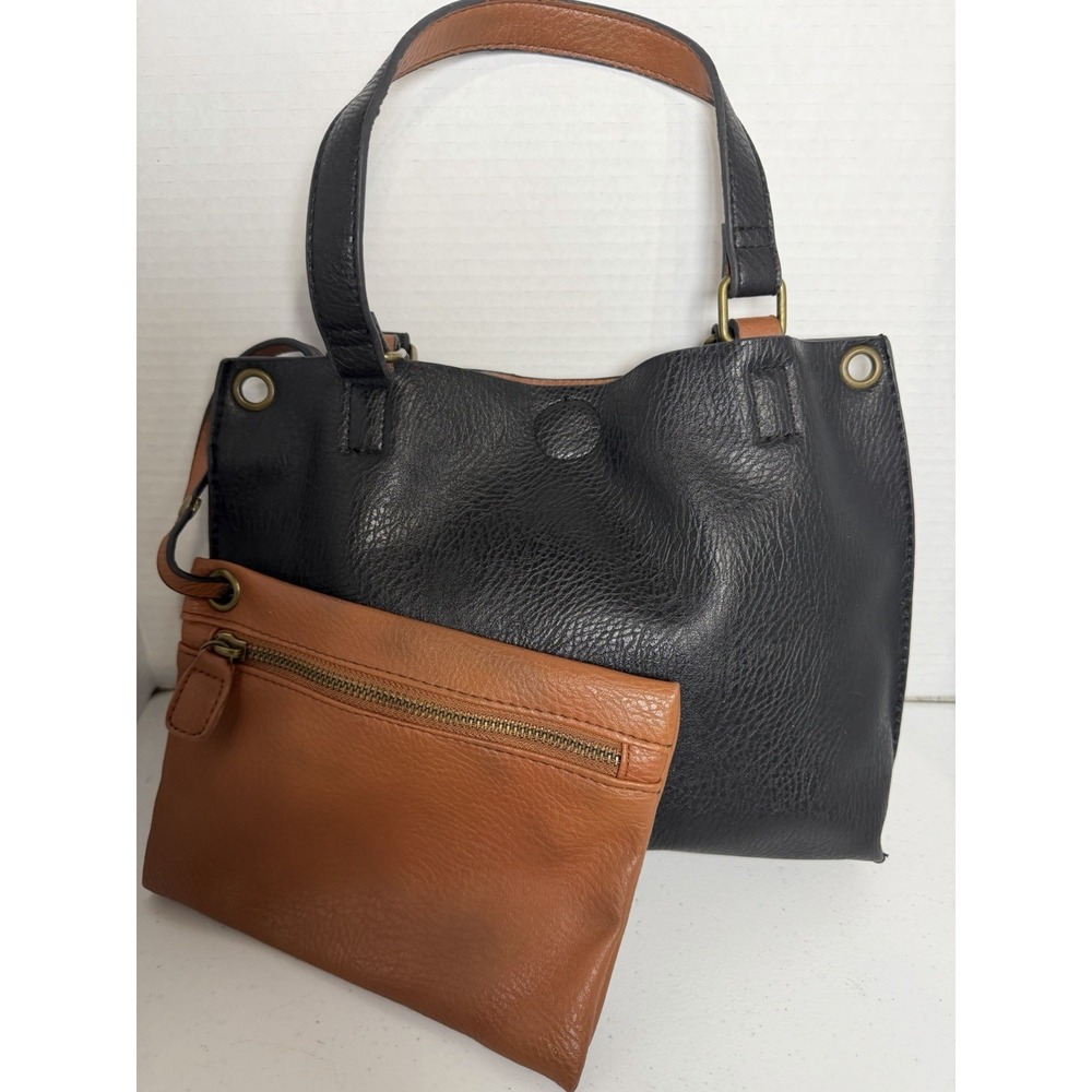 G.H. Bass & Co Black Brown Faux Leather Tote Handbag w Zip Pouch‎ Bag